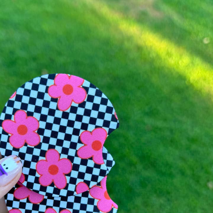 Neon Checkered Flower Car Coaster Set for wholesale by SarahMackenzieStudio