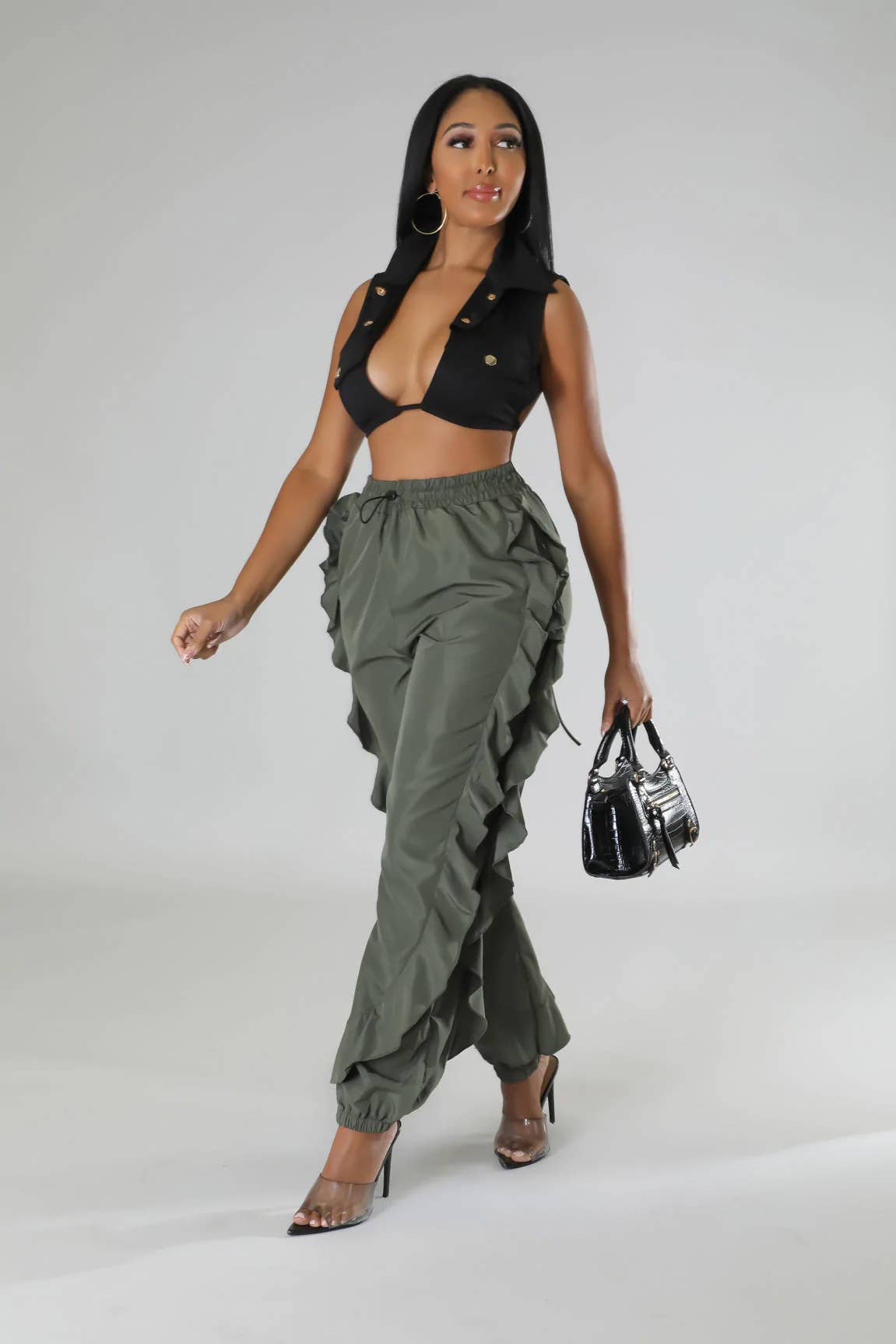 5besties inc - Wholesale Pants - Women's - DRAWSTRING WAIST RUFFLE SIDE CARGO PANTS11
