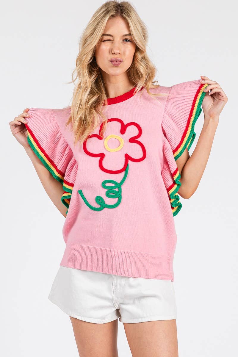 PINK FLORAL RUFFLE KNIT SWEATER TOP  for wholesale on Faire3