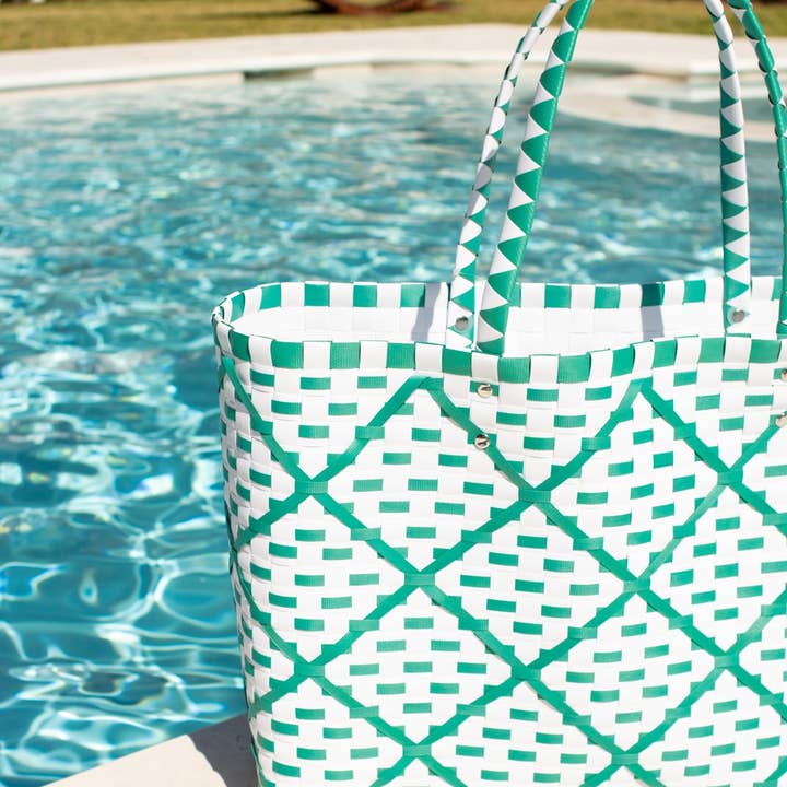 The Royal Standard - Wholesale Beach Bag - Tracey Woven Tote Emerald/White 17x14x5