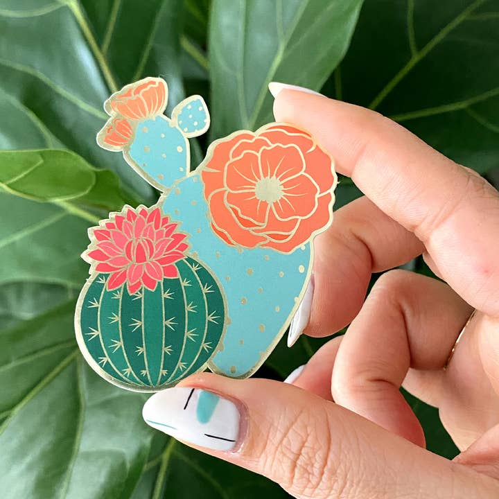Paper Anchor Co. - Wholesale Sticker - Blooming Cacti Sticker |Â Luxe Metallic Gold Sticker