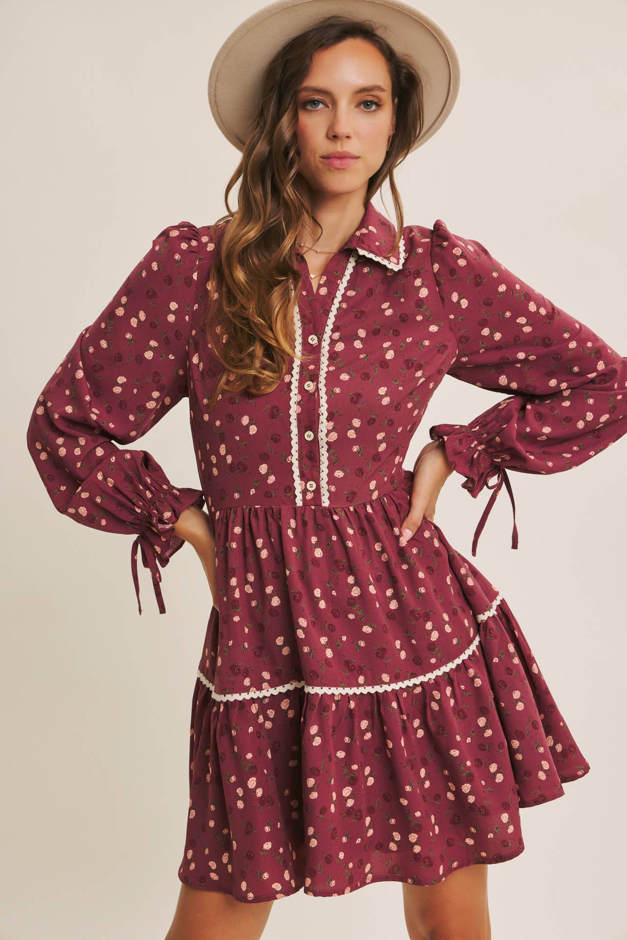 WINE CAPTURES THE MAGIC ELEGANT MINI DRESS WITH SCALLOP LACE for wholesale on Faire4