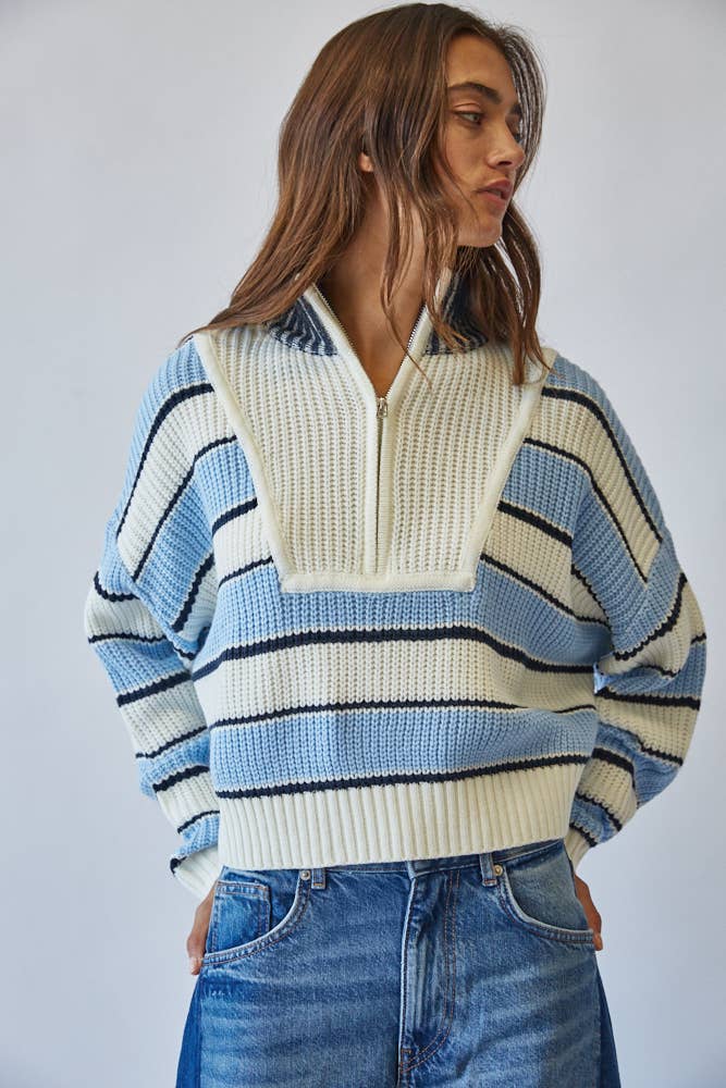 Creamon – wholesale Knitted jumper – Women′s – Preppy Color Block Half-zip Striped Sweater-GREEN1