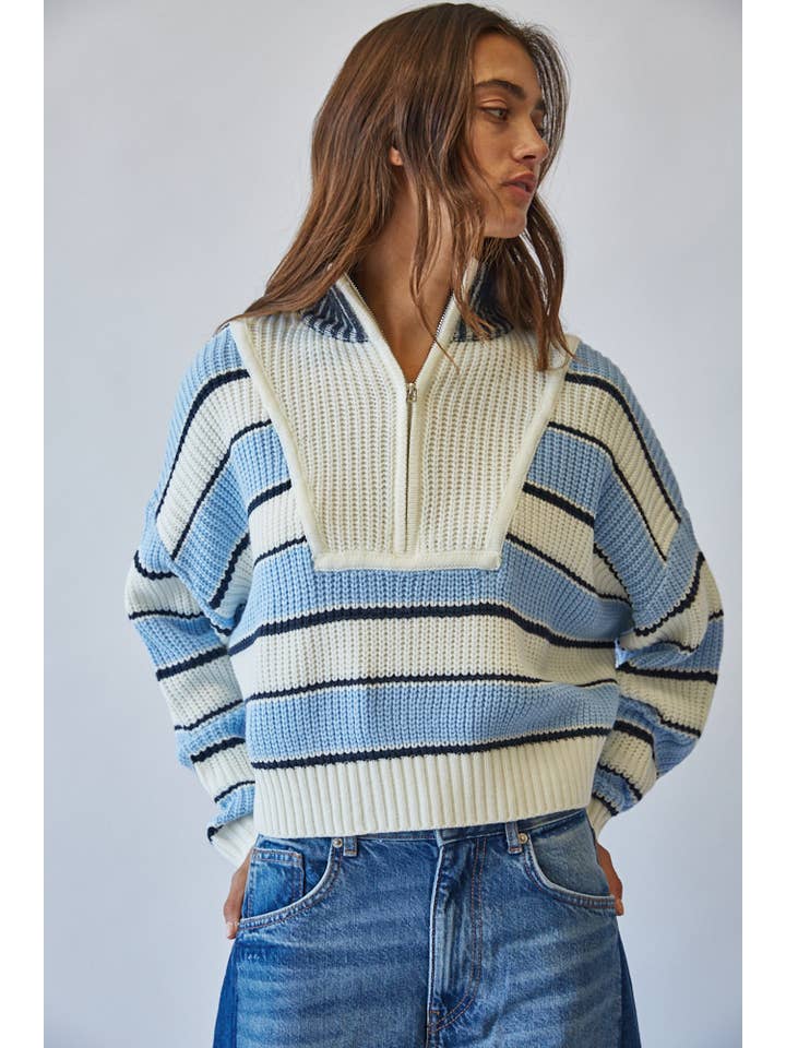 Creamon - Wholesale Knit Sweater - Women's - Preppy Color Block Half-zip Striped Sweater-GREEN1