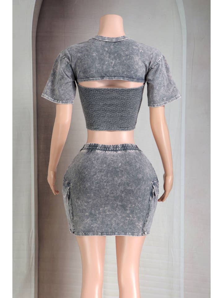 Dalia Studio - Vendita all'ingrosso Completo top e gonna - Donna - Completo con top in jersey con tagli e mini cargo effetto lavaggio minerale2