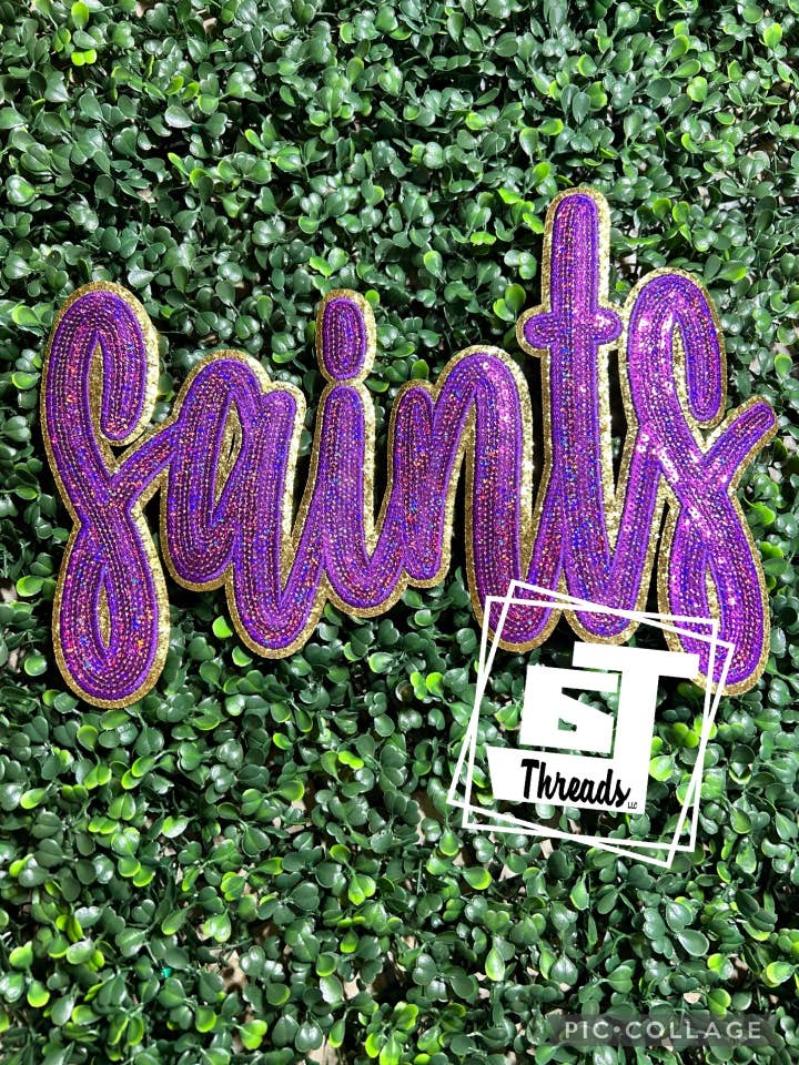 Purple Cursive Sequin Saints....Patches Only for wholesale by 6j Threads LLC