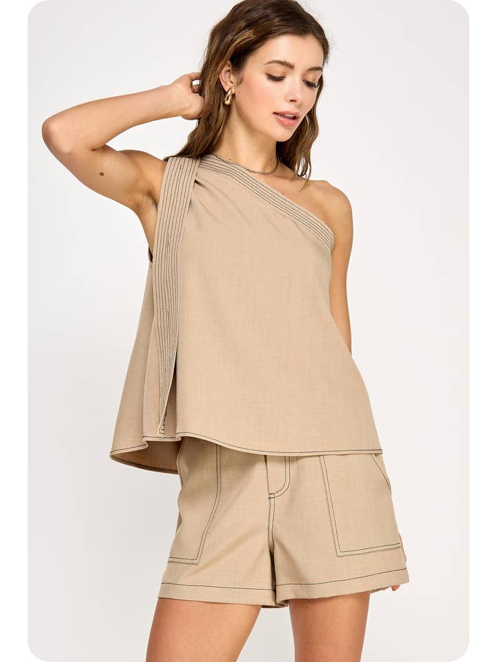 Strut & Bolt - Wholesale Blouse - Women's - Top Stitch Detail One Shoulder Top