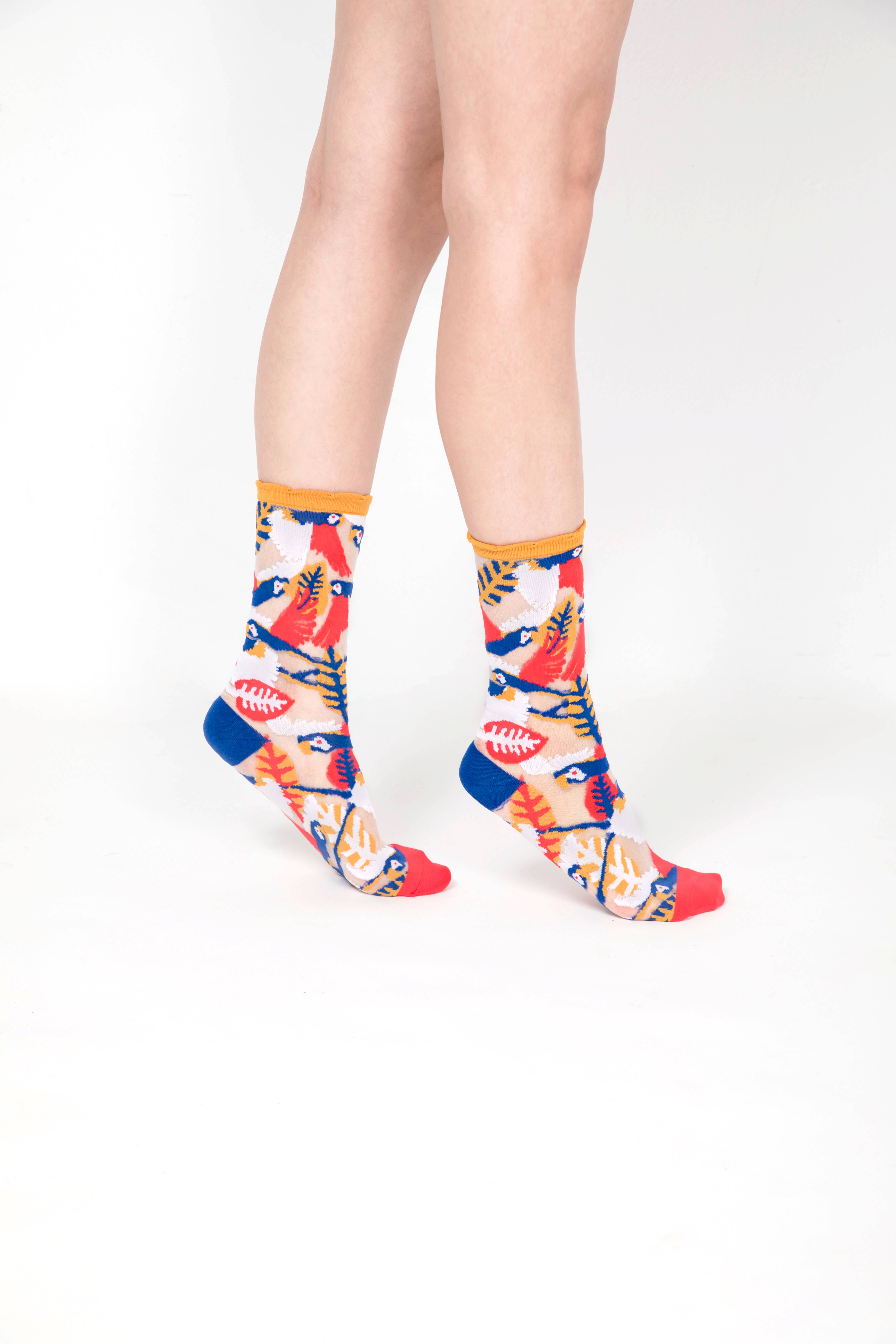 PAPERSELF - Wholesale Socks - Women's - Parrot Sheer Socks - Yellow Cuff2