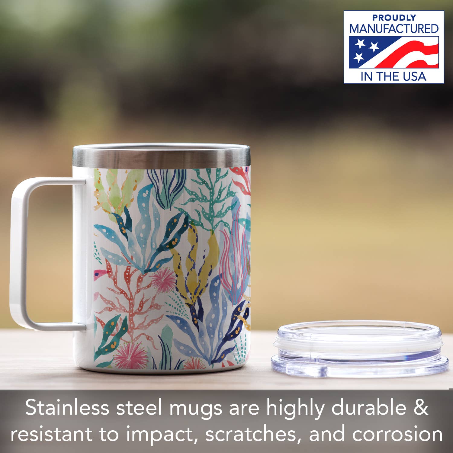 CounterArt/Highland Home/Thirstystone – wholesale Kaffe-/Tékopp – "Coastal Coral" Rostfritt Stålmugg med Lock 12 oz.5