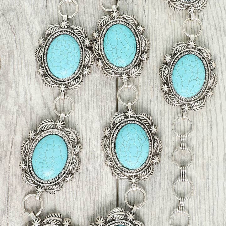 Western Turquoise Bezel-Set Oval Concho Chain Link Belt for wholesale by SP Sophia Collection