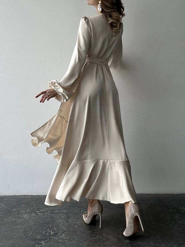 Sheer Trend - Wholesale Dress - Women's - Puff-Sleeve Asym Pleat Split-Tie V-Neck Shirt Maxi1