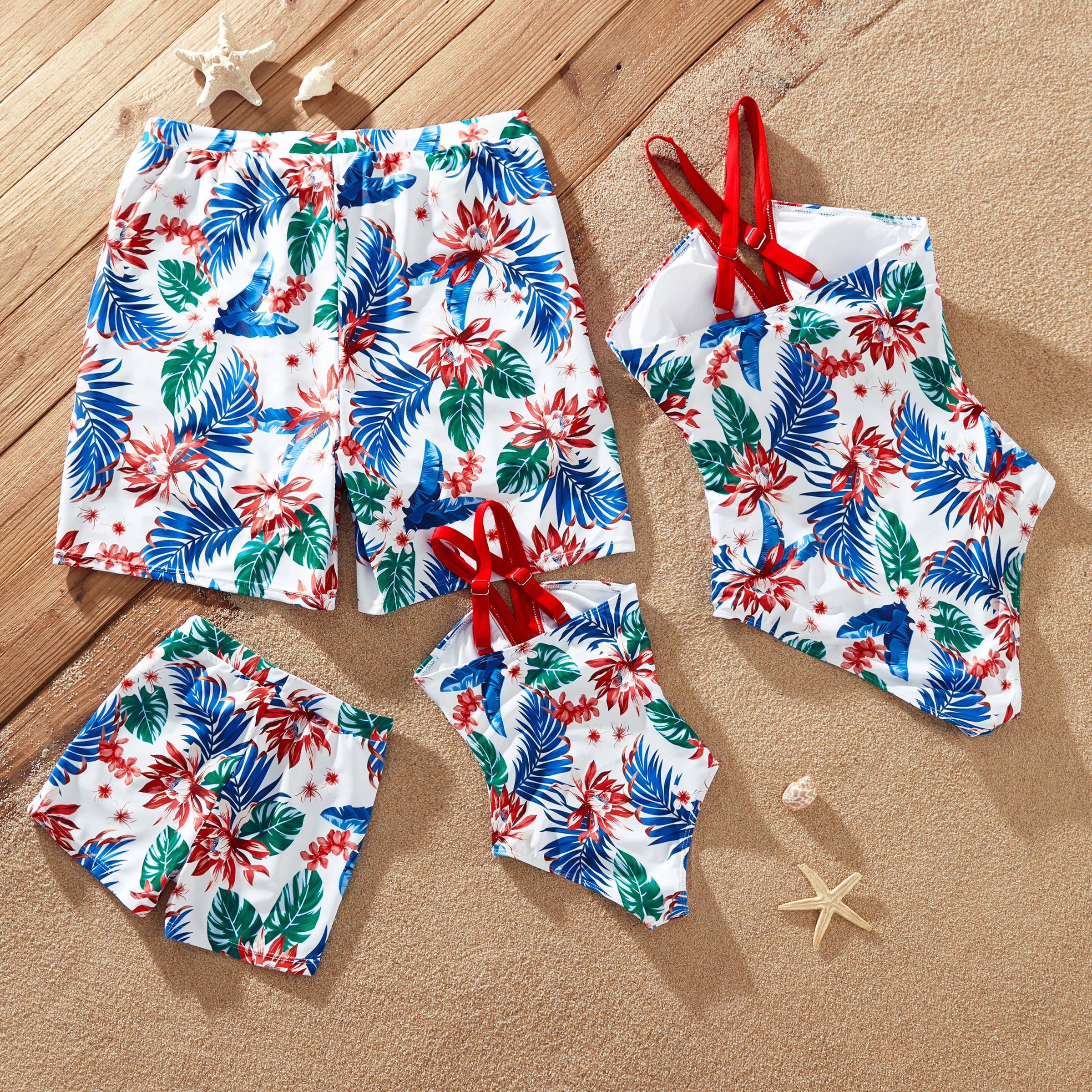 Red Matching Family Tropical Plant One-piece Swimsuit or trunks for wholesale on Faire6
