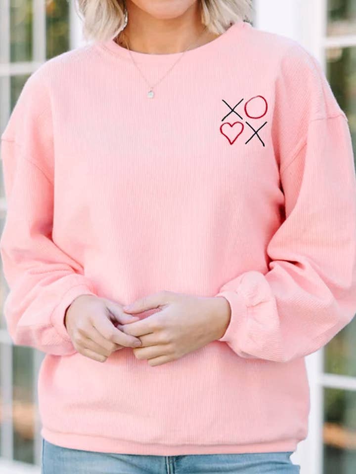 Pink 3d Ribbed XOXO Heart Embroidered Drop Shoulder Sweatshirt for wholesale by Shoppe247