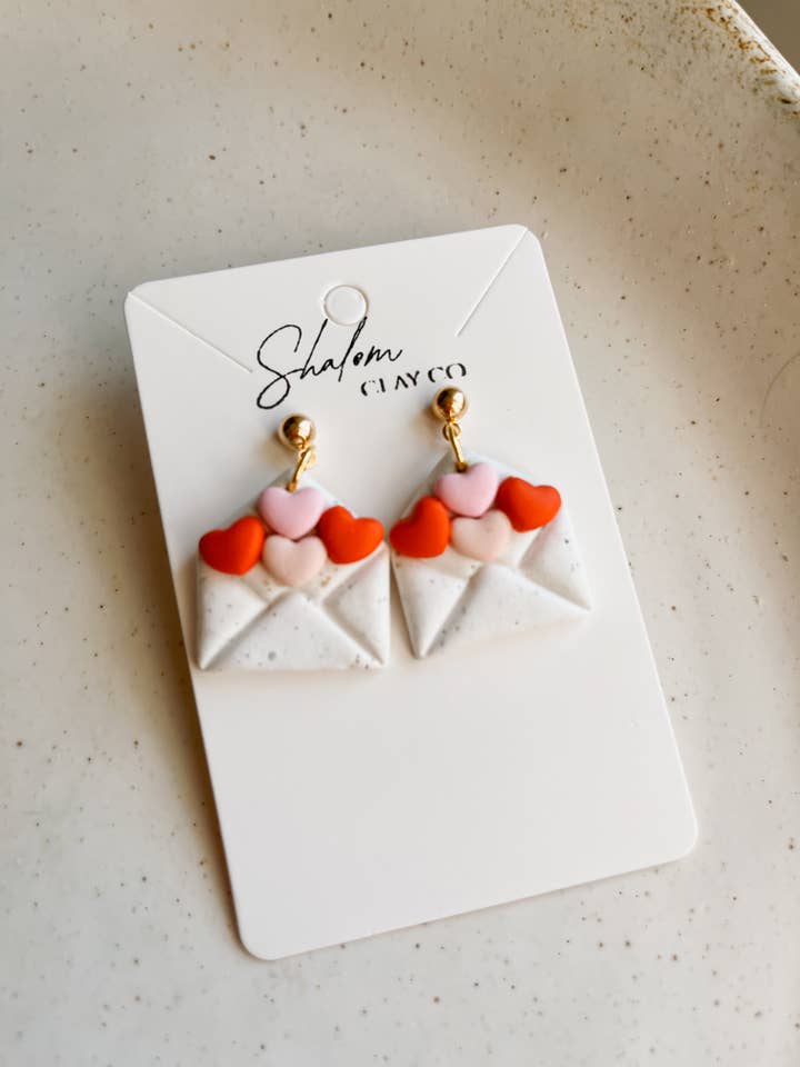Candy Heart Envelope Earrings I Valentines Earrings for wholesale by Shalom Clay Company
