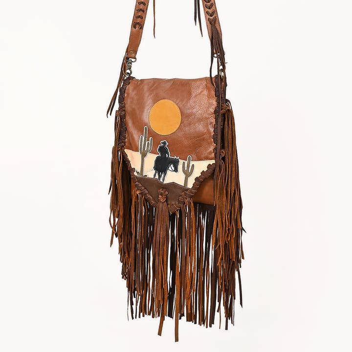 ADBGM486 Western Sunset Fringe Bag - Leather Messenger with Cowboy & Cactus Applique for wholesale by LS Western