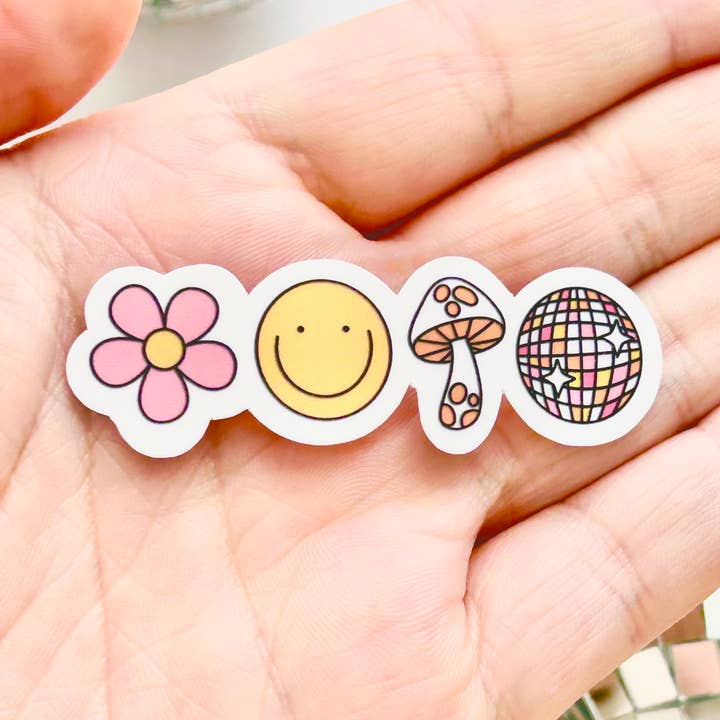 Autocollant Groovy Icônes - Disco Ball Smiley Mushroom Flower des années 70 pour la vente par Happyish Brand