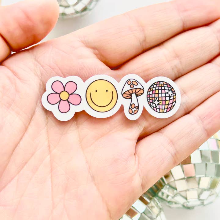 Groovy ikoner klistermärke - disco boll smiley svamp blomma 70-talet för wholesale av Happyish Brand