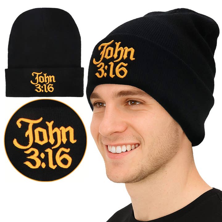 JOHN Religious Scripture Embroidered Beanie for wholesale on Faire0