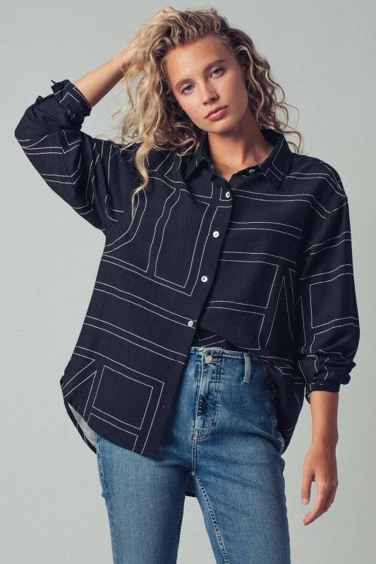 Black Modern Stitched Geometric Button-up Shirt for wholesale on Faire2