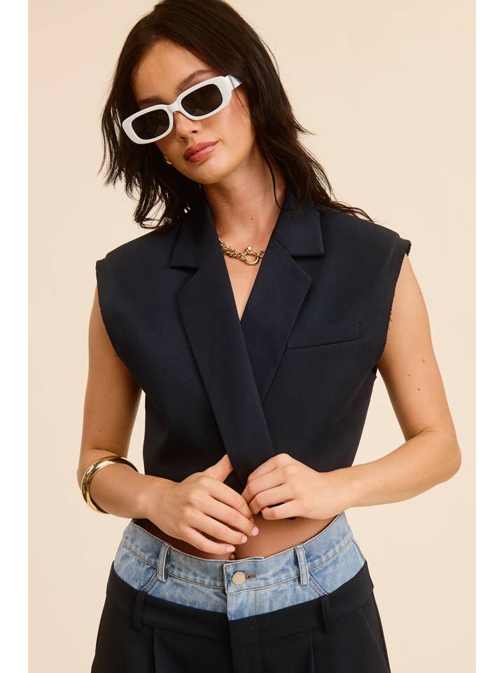 Mimosa - Wholesale Outerwear Vest - Women's - Cropped Collared Vest with Raw Hem18