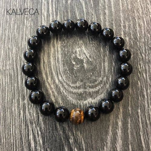 Pulsera de ónix negro y ojo de tigre para hombre para venta al por mayor de Kalveca