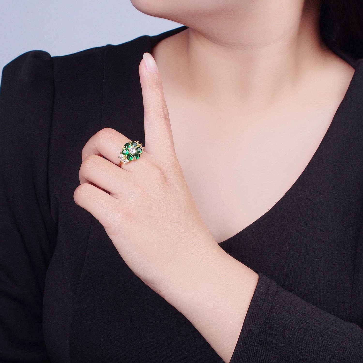 Wholesale Elegant Green & Clear CZ Crystal Flower Gold Open Wholesale Elegant Green & Clear CZ Crystal Flower Gold Open