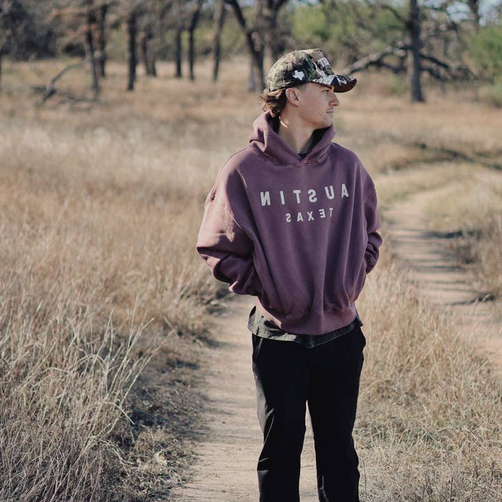 Reverse Austin Texas Frayed Washed Fleece Hoodie for wholesale by Tailspin Supply Co.