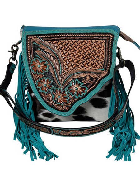 Turquoise Tooled Feather Fringe Crossbody for wholesale by Ganges Grain Inc