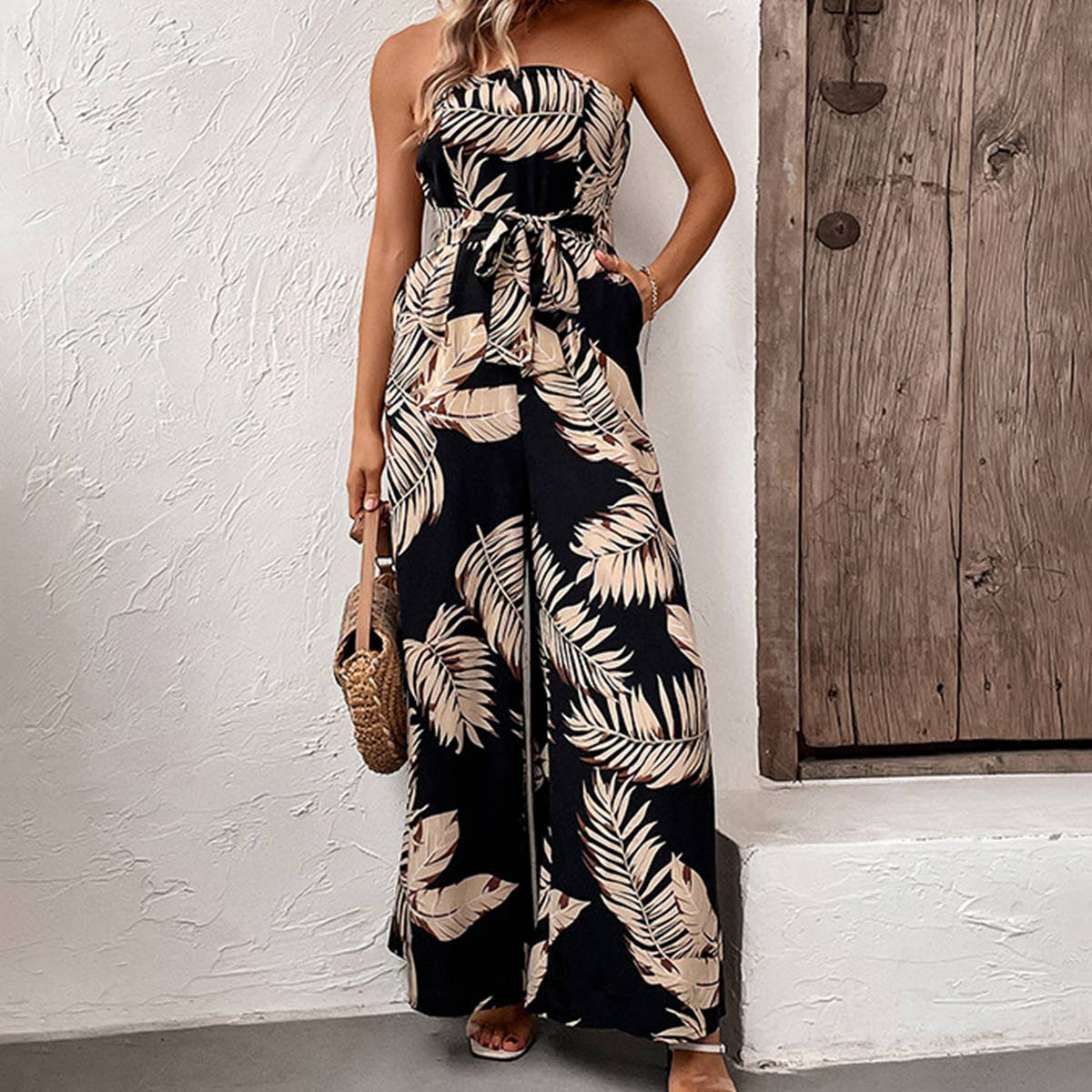 Black Printed strapless jumpsuit_CWSJS0583 for wholesale on Faire1