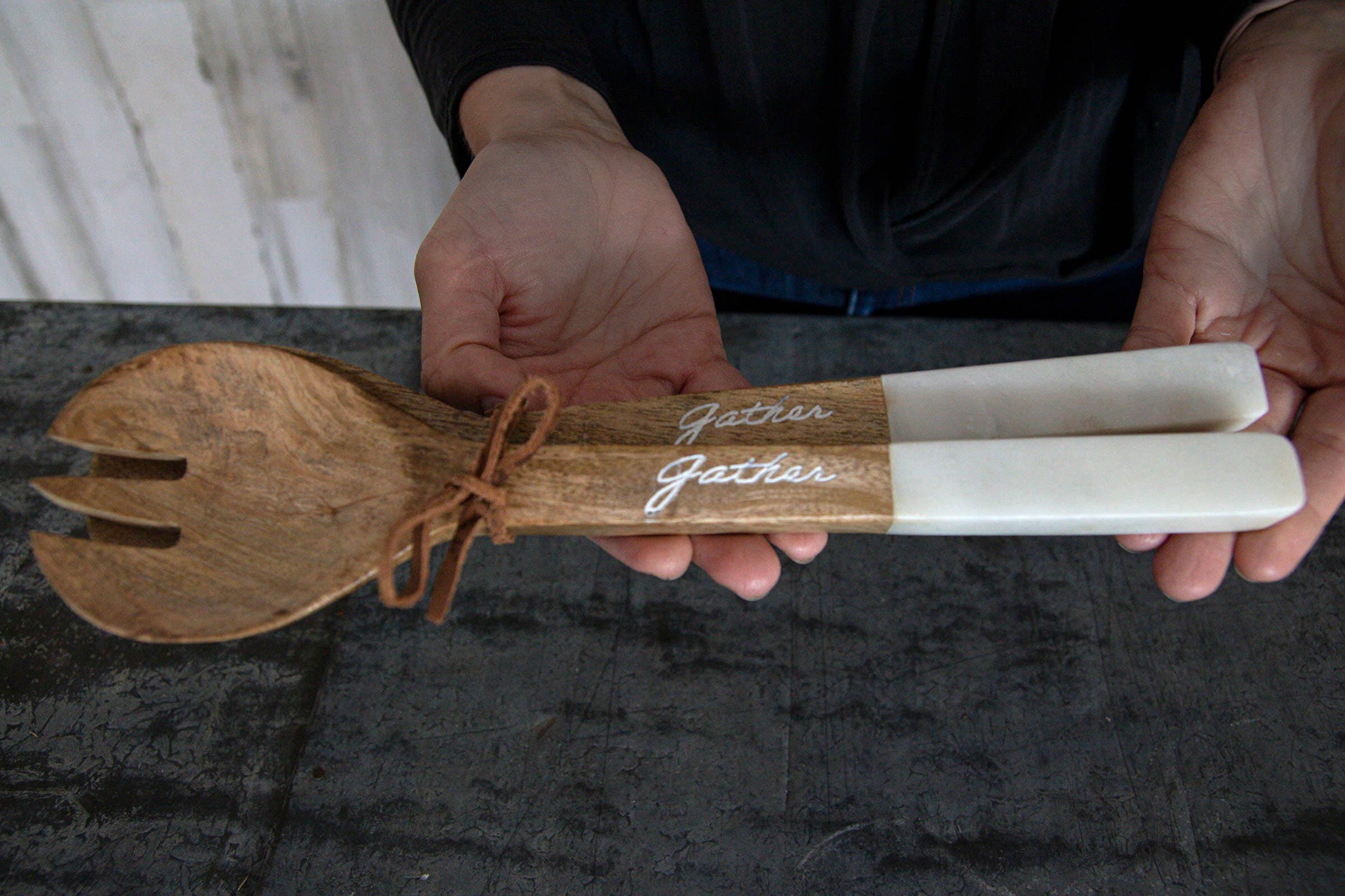 Foreside Home & Garden - Wholesale Serving Utensil - Set 2 Wood Serving Utensils with "Gather" on Handles