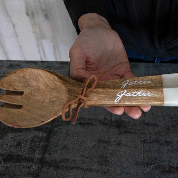 Set 2 Wood Serving Utensils with "Gather" on Handles for wholesale by Foreside Home & Garden