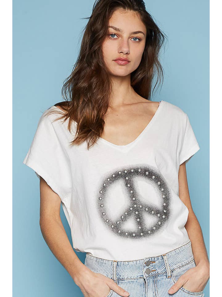 Pol Clothing - Wholesale T-Shirt - Women's - Dropped short sleeve studded peace emblem tee SALE