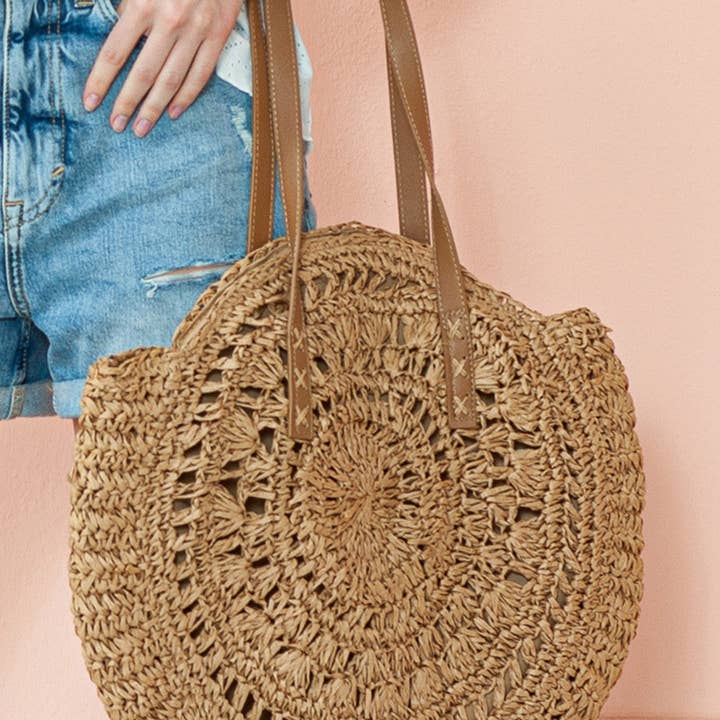 Camel Mavis Bohemian Straw Woven Round Bag for wholesale on Faire3