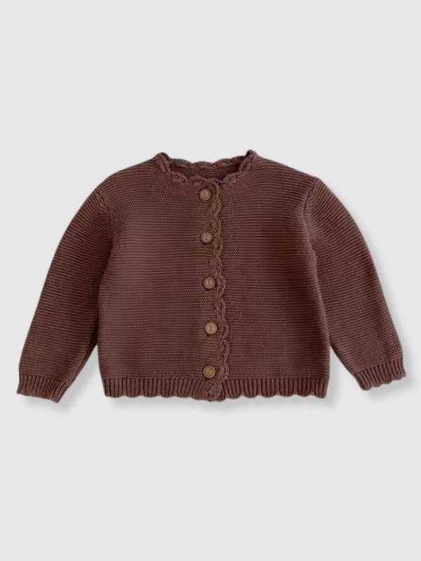 100% Cotton Knit Scalloped Sweater Cardigan - Brown for wholesale by Bleu & Co