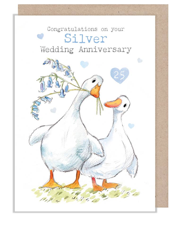 Carte d'anniversaire d'argent - Deux canards blancs - RIV018 pour la vente par Paper Shed Design Ltd