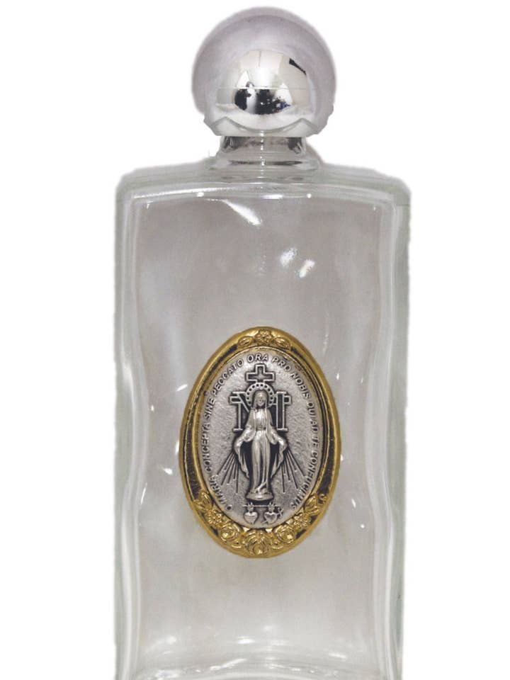 Miraculous Medal Large Holy Water Bottle 2x5" for wholesale by Goldscheider of Vienna