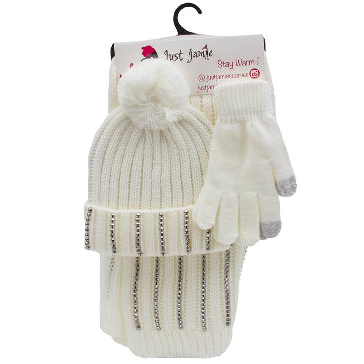 Magid - Wholesale Winter Accessory Set - Women's - Just Jamie 3 Piece Knit Bling Hat, Scarf, & Gloves Set with Stones11