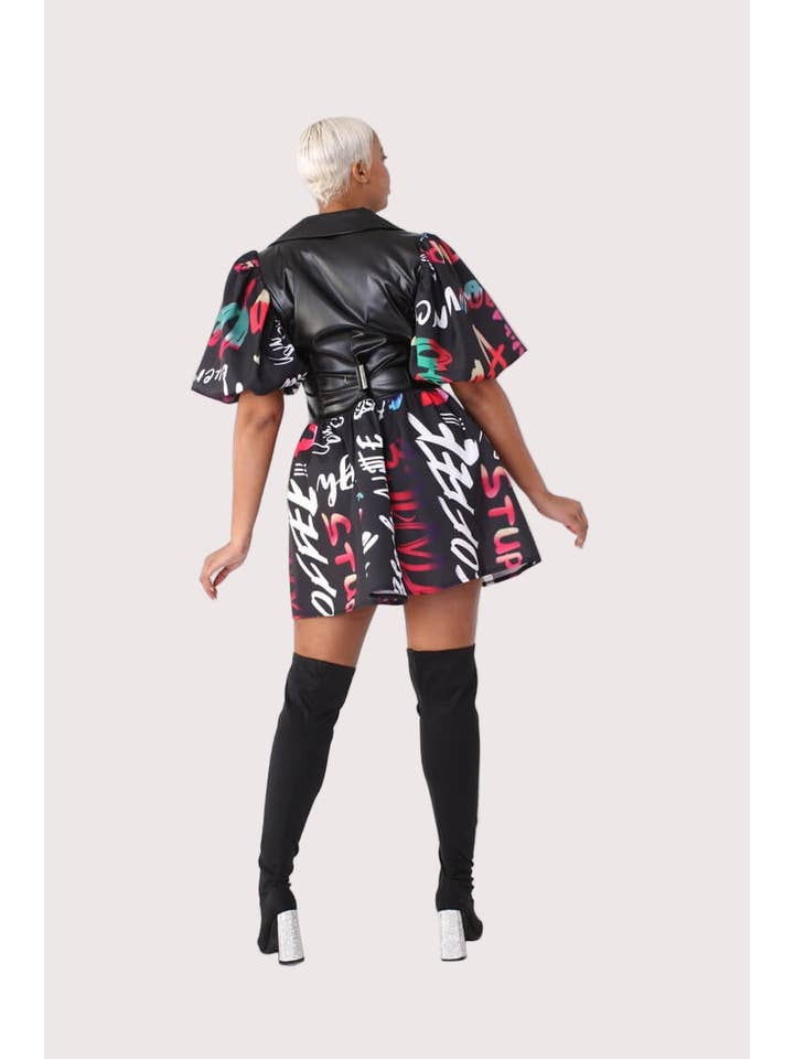 BLACK MULTI Leather Puff Sleeve Printed Dress -82035 for wholesale on Faire