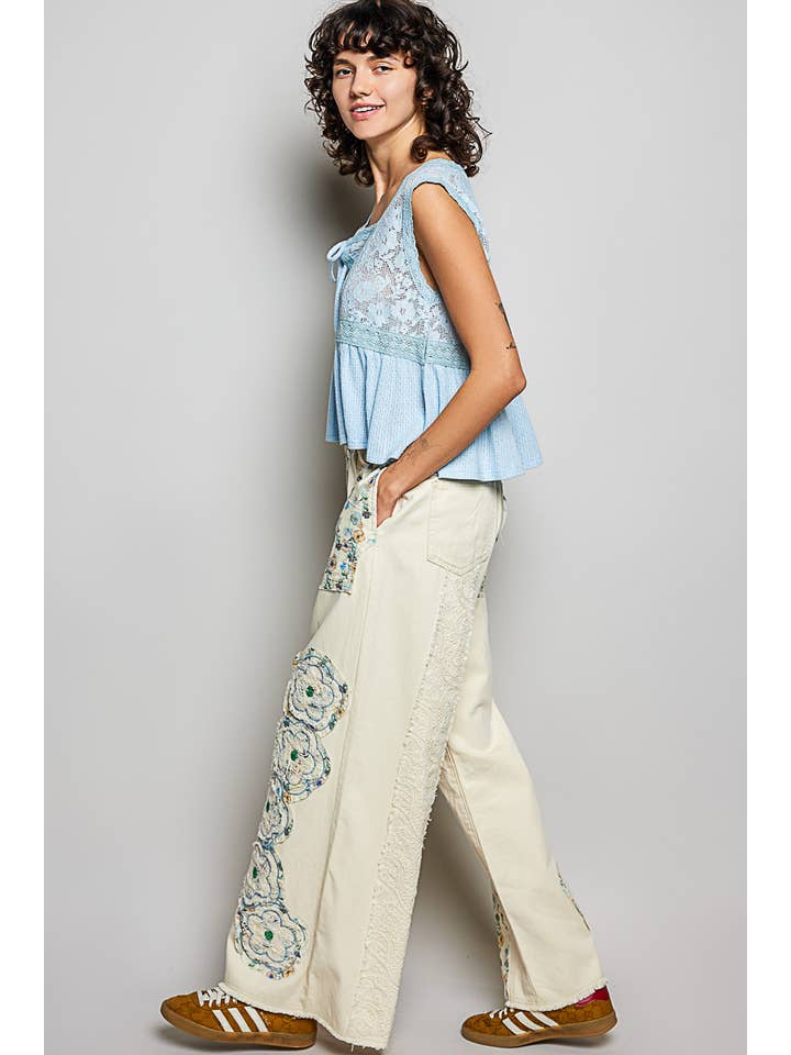 Pol Clothing - Vente Jean – femme - Pantalon en denim à cordon de serrage avec empiècement floral23