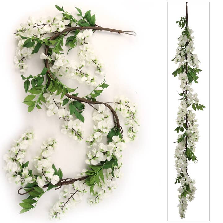 Larksilk - Wholesale Bunting/Garland - 5Ft White Wisteria Garland With Silk Flowers & Foliage