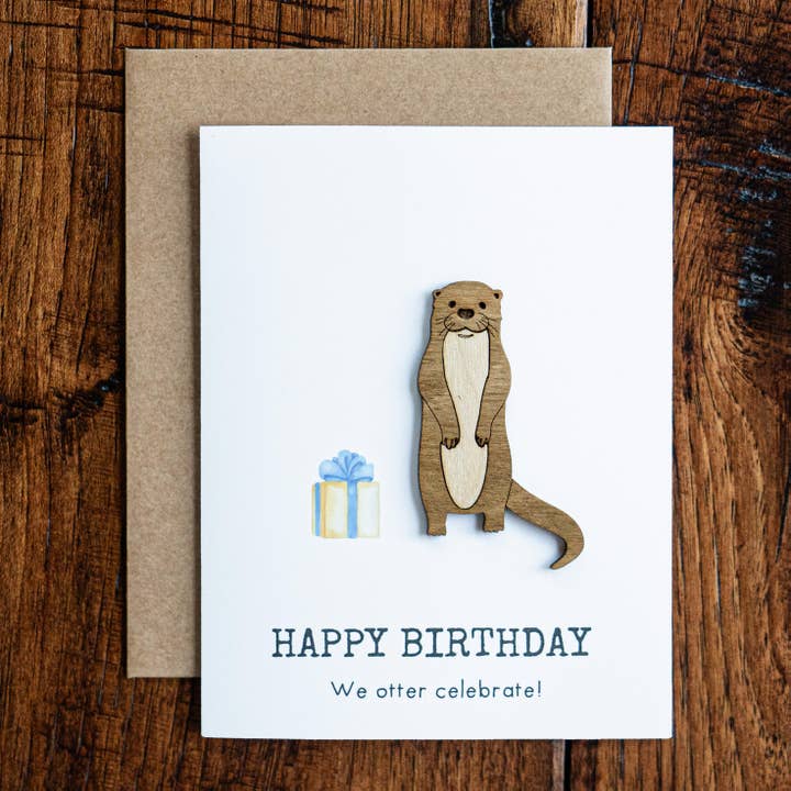 Happy Birthday Otter Card with Wood for wholesale by Path and Oak