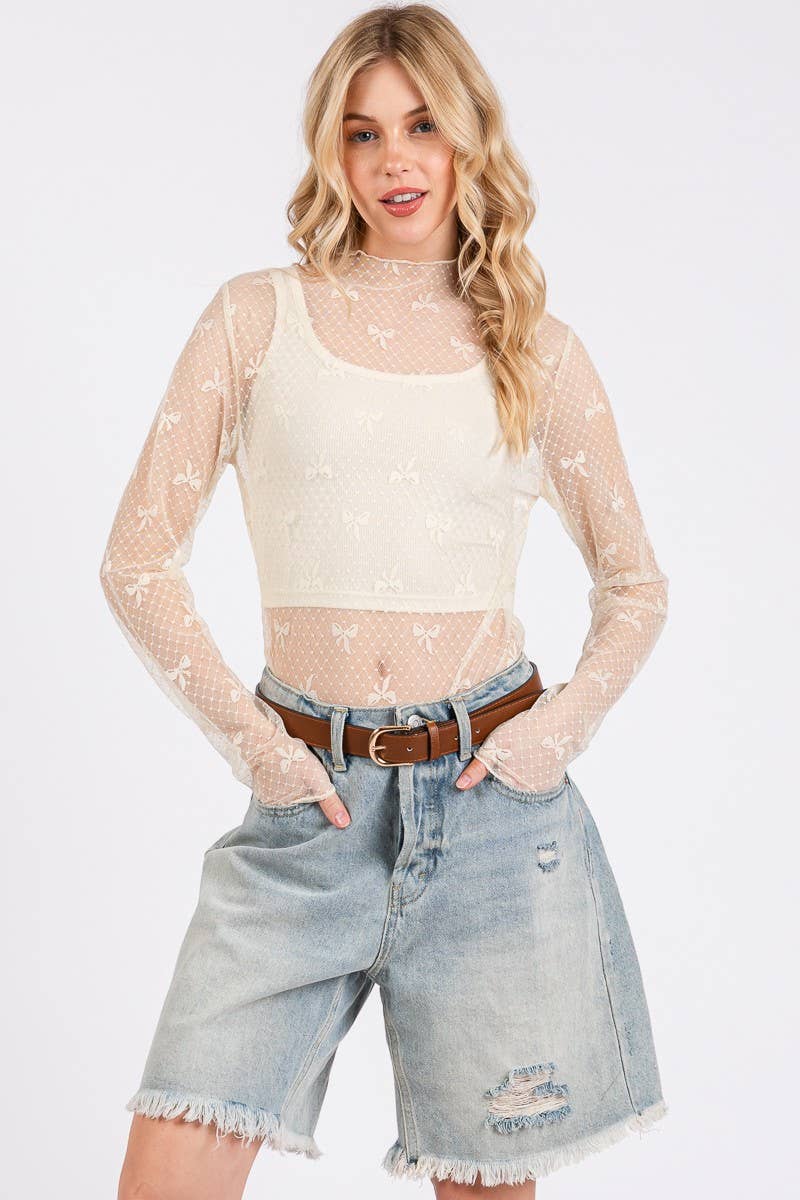 Sewn and Seen - Wholesale Blouse - Women's - BOW PRINT LONG SLEEVE LACE TOP 14