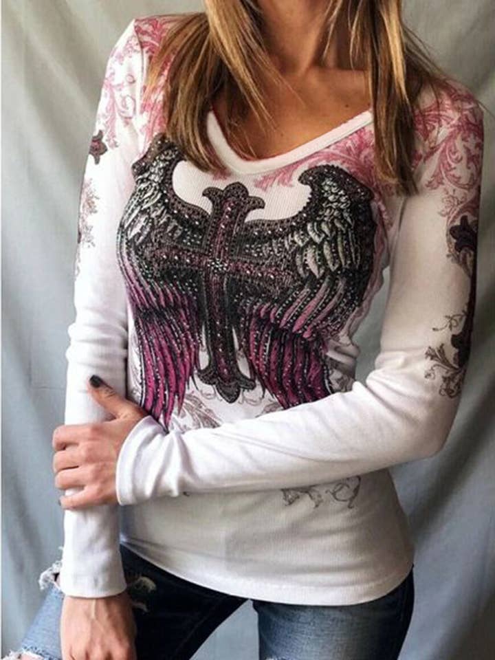 Tourtiwi – wholesale T-shirt (utan tryck) – Dam – V-ringad Cross Wings Print Slim-fit Punk Retro T-shirt0