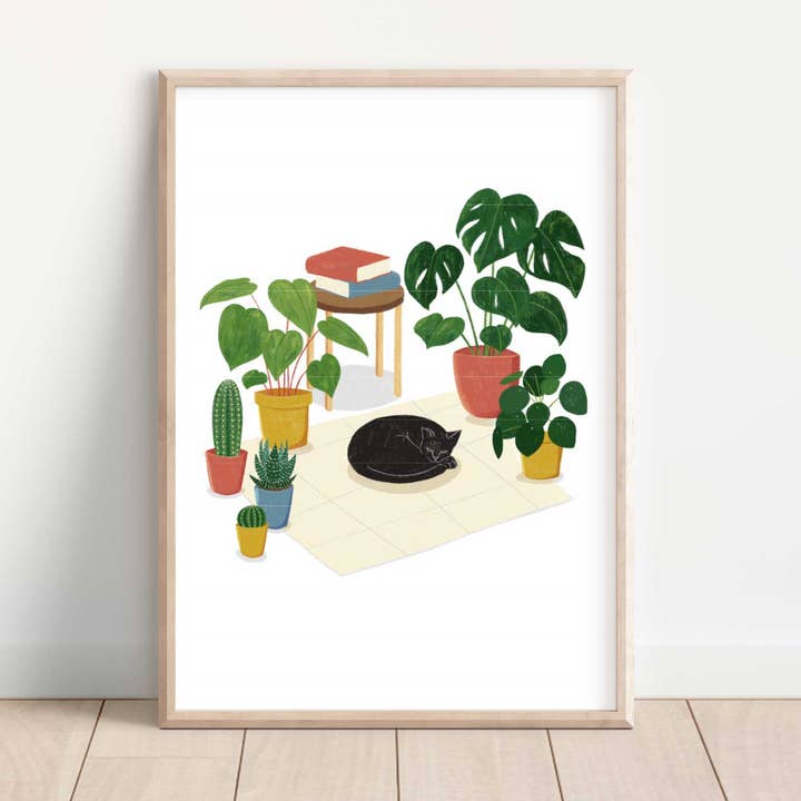 Katt med krukväxter Konsttryck | A5 A4 för wholesale av Emily Nelson