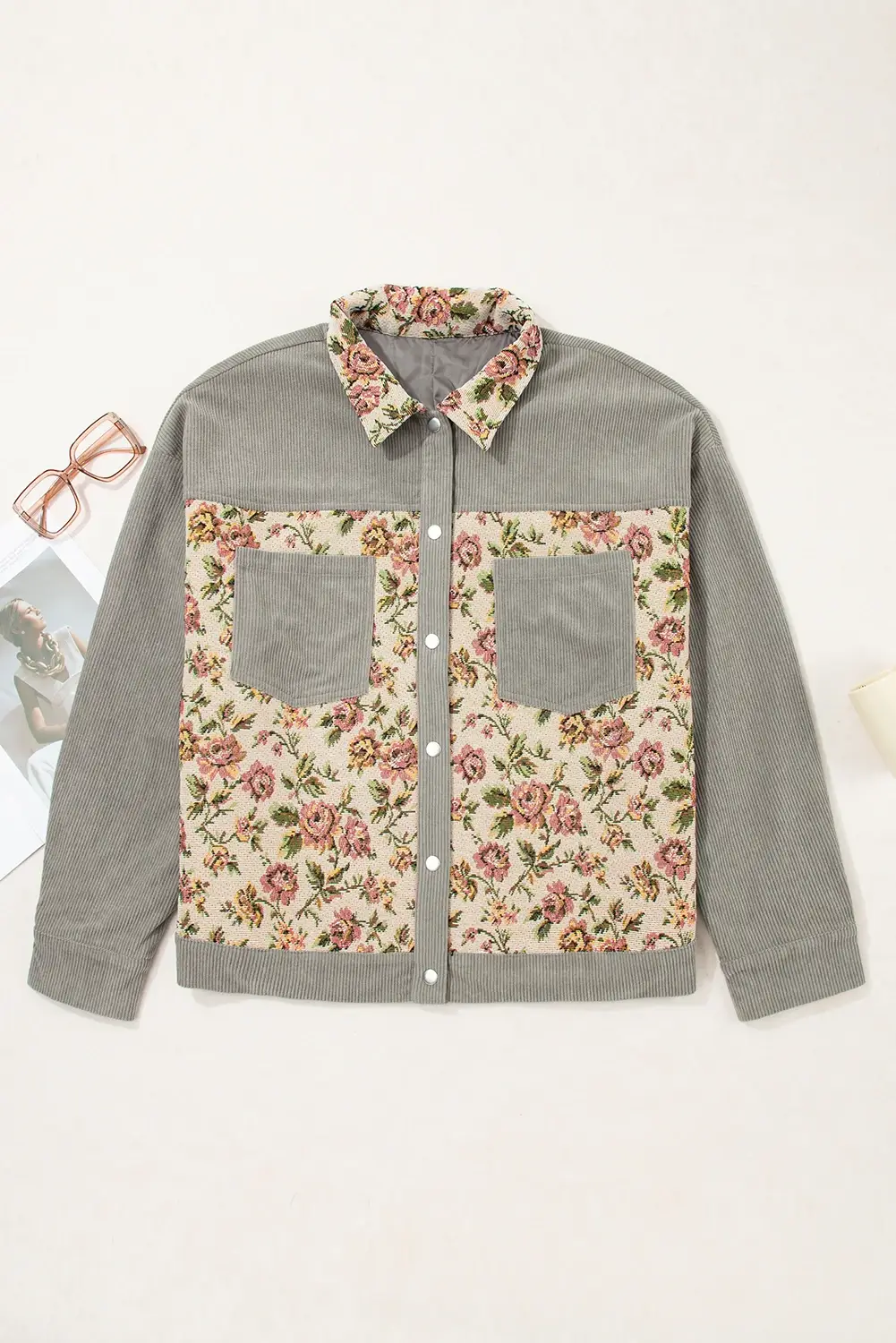 Gris moyen Veste Vintage Patchwork Floral en Velours Côtelé en vente sur Faire2