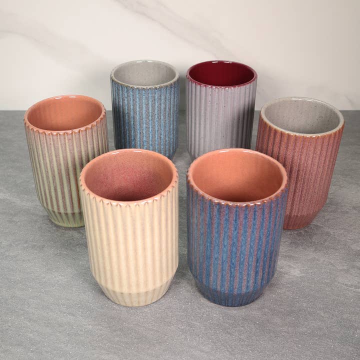 HOLD SUPPLY - Venta al por mayor Vaso/copa - Vaso de cerámica de gres acanalado redondo azul y gris de 16 oz