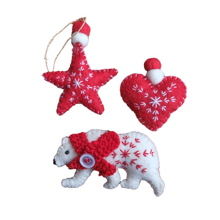 Adornos de corazón, estrella y oso polar, rojo, juego de 3 para venta al por mayor de Global Groove Life