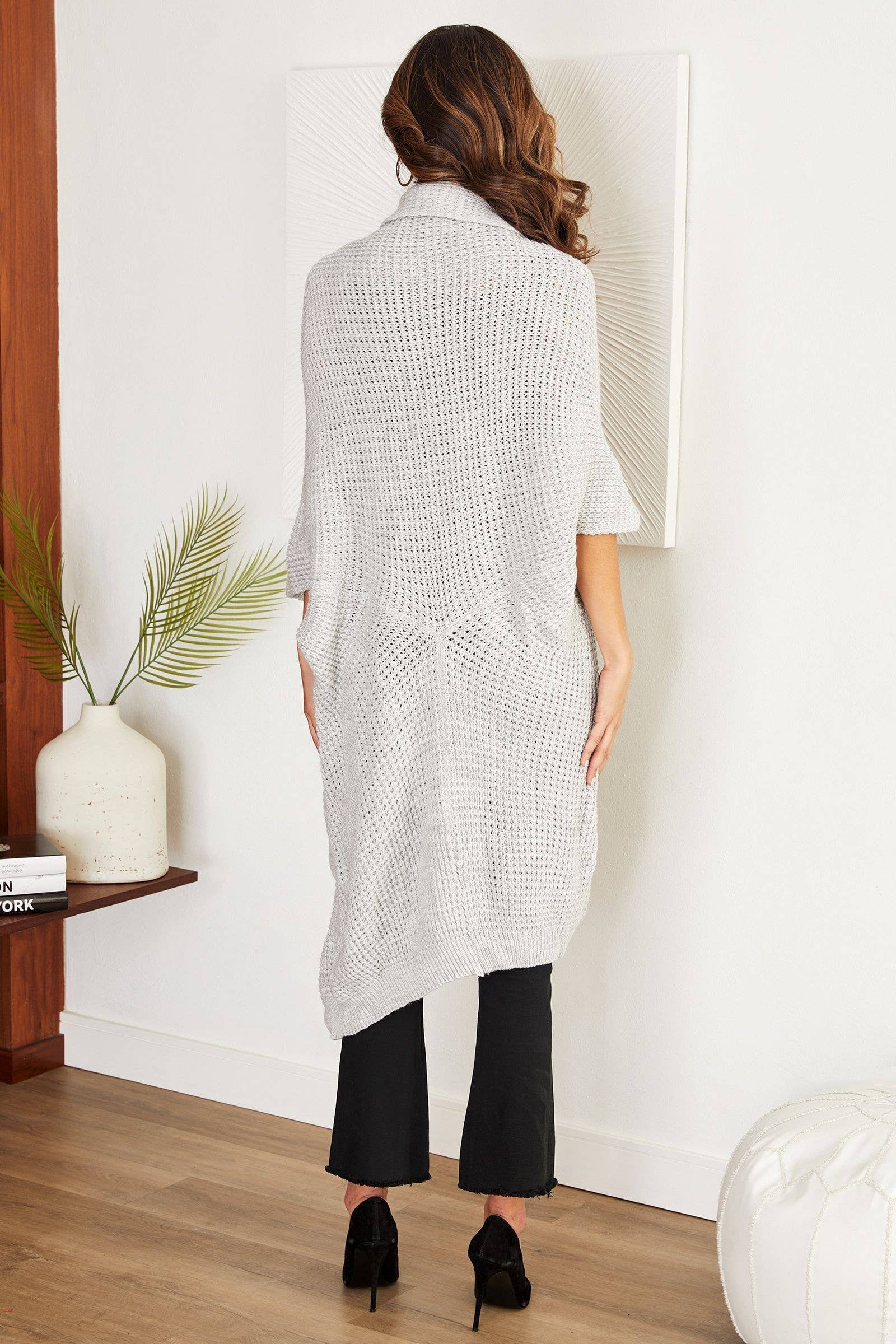 VENTI6 - Wholesale Cardigan - Women's - SHAWL COLLAR LONG CARDIGAN WITH POCKETS(3841-LIGHT GREY)2