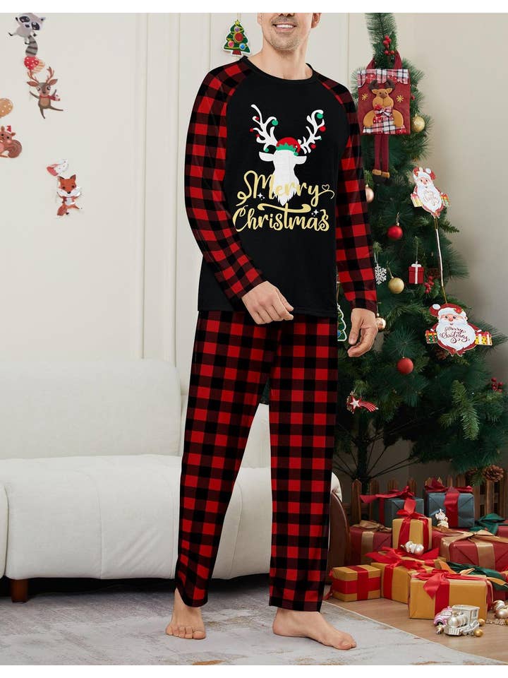 Anna Kaci Wholesale - Wholesale Sleepwear Set - Unisex - Family Christmas Pajama Set with Black Tops Red Plaid Pants14