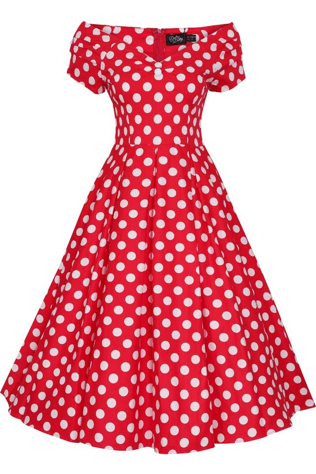 Dolly & Dotty – Vestido - Mulher por atacado – Vestido vintage rodado em vermelho com bolinhas brancas5
